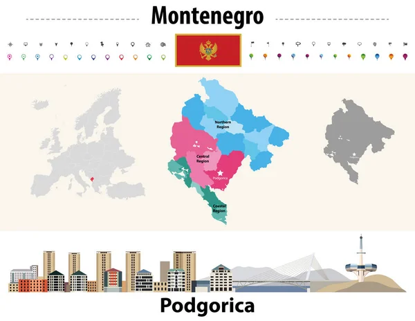 モンテネグロ行政区画地図 モンテネグロの国旗 ポドゴリツァの街並み ベクターイラスト — ストックベクタ