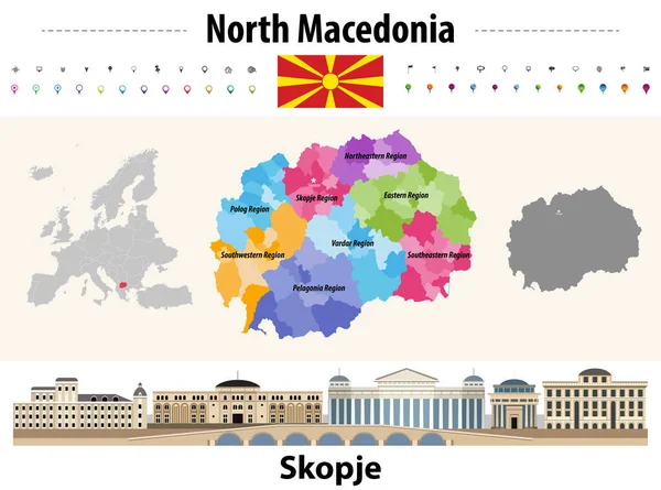 北マケドニアの行政区画マップ 北マケドニアの旗 スコピエの街並み ベクターイラスト — ストックベクタ