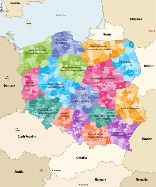 Vektorová Mapa Polských Správních Divizí Zbarvených Provinciemi Známými Jako Vojvodství — Stockový vektor