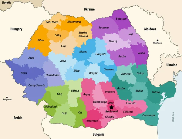 近隣諸国や地域と地域で着色されたルーマニアの郡ベクトルマップ — ストックベクタ