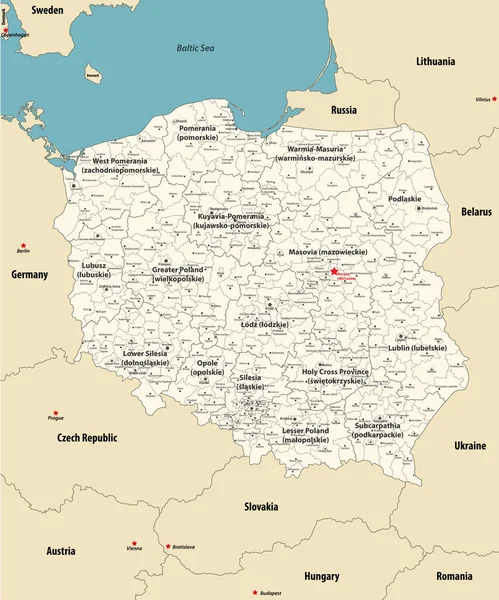 Mapa Wektorowa Podziałów Administracyjnych Polski Kolorowych Przez Prowincje Sąsiednimi Krajami — Wektor stockowy