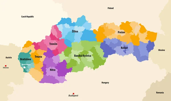 Distritos Okresy Eslovaquia Coloreados Por Regiones Mapa Vectorial Con Los — Vector de stock