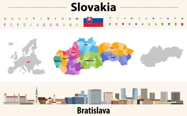 Eslováquia Mapa Divisões Administrativas Bandeira Eslováquia Paisagem Urbana Bratislava Ilustração — Vetor de Stock