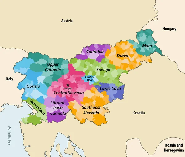 統計地域別に着色されたスロベニアの自治体近隣諸国や地域とのベクトルマップ — ストックベクタ