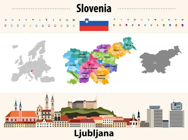 Mapa Správních Oddělení Slovinska Slovinská Vlajka Lublaň Městská Krajina Vektorová — Stockový vektor