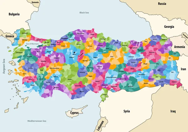 Turquía Distritos Coloreados Por Provincias Mapa Vectorial Con Los Países — Vector de stock