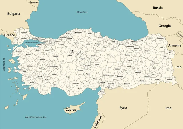 Mappa Vettoriale Delle Province Dei Distretti Della Turchia Con Paesi — Vettoriale Stock