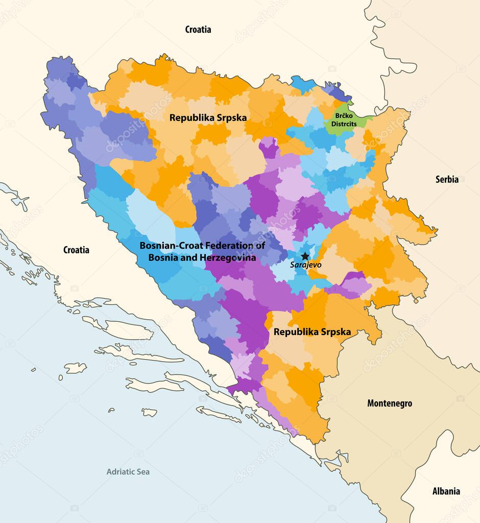 Vector map of municipalities of Bosnia and Herzegovina colored by regions, with neighbouring countries and territories