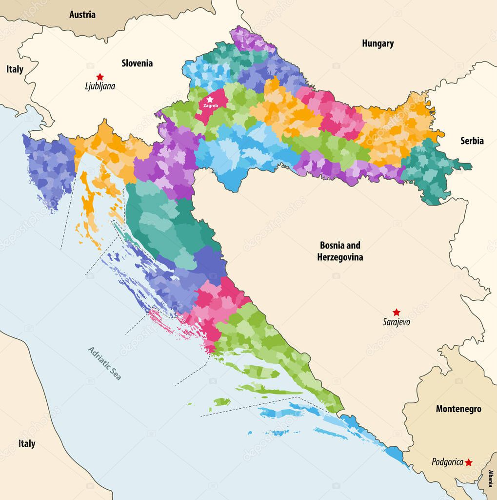 Vector map of Croatia municipalities colored by counties with neighbouring countries and territories