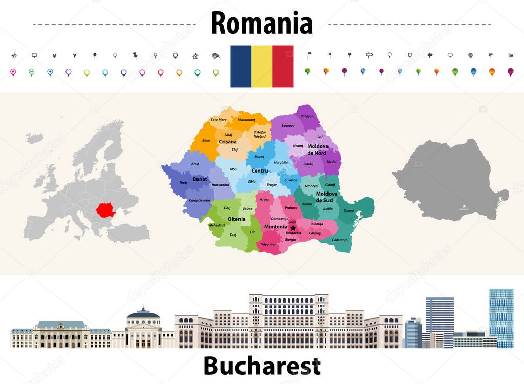 Romania countries colored by regions map. Flag of Romania. Bucharest cityscape. Vector illustration