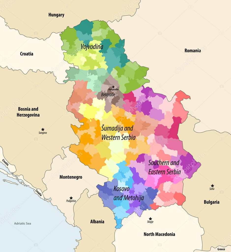 Districts (and municipalities) of Serbia colored by statistical regions vector map with neighbouring countries and territories