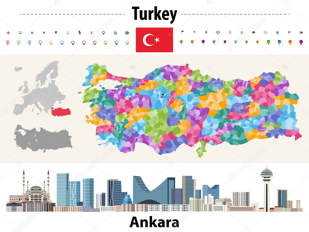 Turkey distrcts colored by provinces map. Ankara cityscape. Vector illustration