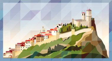 San Marino şehrinin ufuk çizgisi vektör renkli posteri güzel üçgen desen arka planında