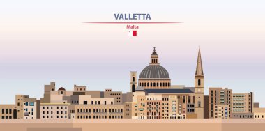 Valletta şehir manzarası gün batımı gökyüzü arkaplan vektör illüstrasyonunda ülke ve şehir adı ve Malta bayrağı ile