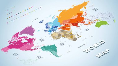 Ülkelerin isimlerini taşıyan kıtalarla renklendirilmiş Isometric vektör dünya haritası. Navigasyon ve konum simgeleri ayarlandı