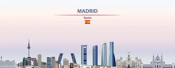 Madrid Városkép Naplemente Háttér Vektor Illusztráció Ország Város Nevét Zászló — Stock Vector