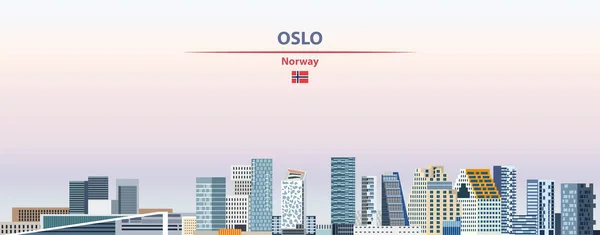 Oslo Stadsgezicht Zonsondergang Achtergrond Vector Illustratie Met Land Stad Naam — Stockvector