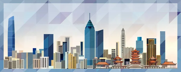 Wuhan Skyline Vektor Bunte Poster Auf Schönen Dreieckigen Textur Hintergrund — Stockvektor