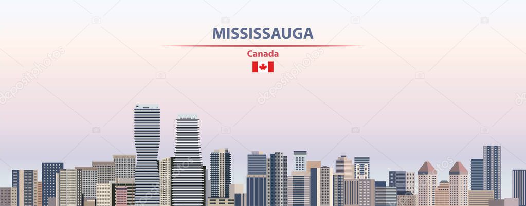 Mississauga cityscape on sunset sky background vector illustration with country and city name and with flag of United States