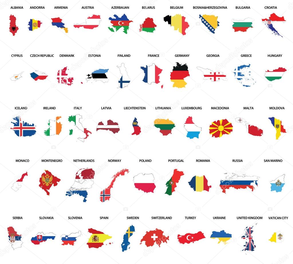 Europe country maps combinated vith flags
