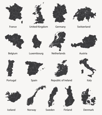 Vector set of european maps with region borders