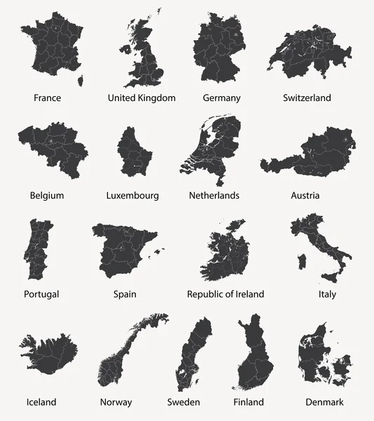 Vektor-Set von europäischen Karten mit regionalen Grenzen — Stockvektor