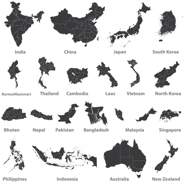 Cartes des pays asiatiques, Australie et Nouvelle-Zélande — Image vectorielle