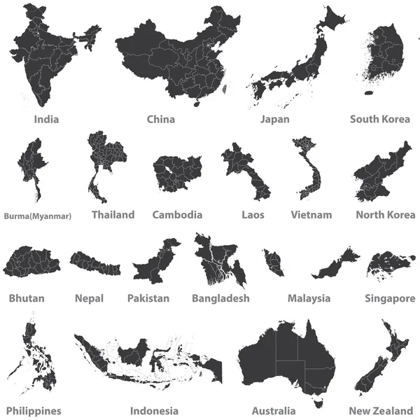 Карты азиатских стран, Австралии и Новой Зеландии Векторная Графика