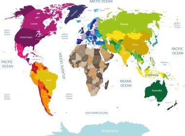 renkli Dünya Haritası ülke adları ile