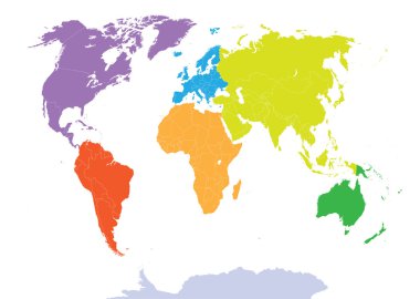 kıta tarafından renkli Dünya Haritası