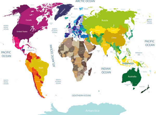 colored world map with country names