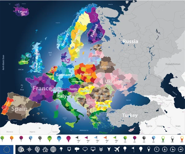 Mapa da Europa altamente detalhado com nomes de costureiras e fronteiras regionais — Vetor de Stock