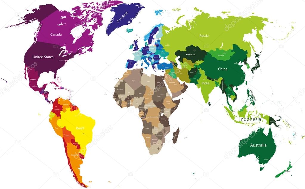 world map colored by continents