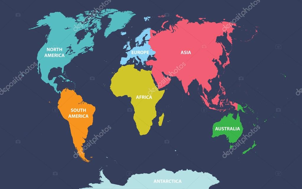 Mapa Del Mundo De Color Continentes Y Nombre Del País Ilustraciones svg,  vectoriales, clip art vectorizado libre de derechos. Image 28110850