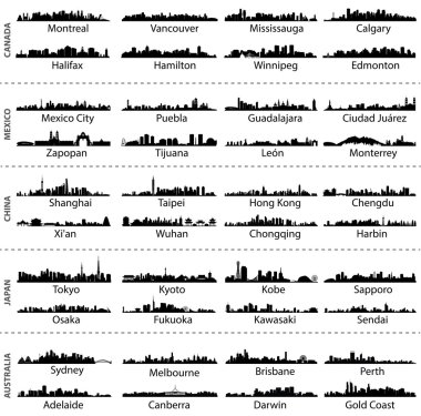 skylines of Canada, Mexico, China, Japan and Australia cities clipart