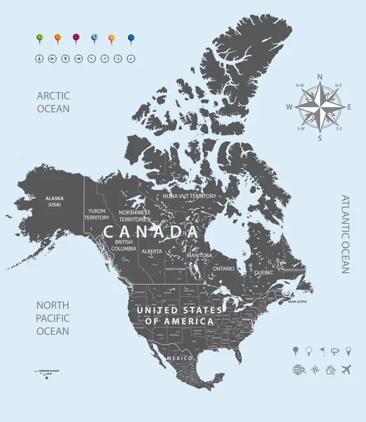 Mapa negro vectorial de Estados Unidos, Canadá y México — Vector de stock