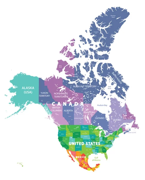 Mapa colorido dos EUA, Canadá e México estados — Vetor de Stock