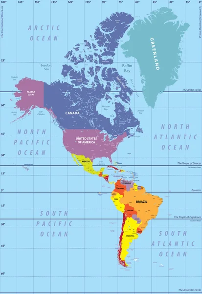 Mapa detallado de América del Norte y del Sur — Archivo Imágenes Vectoriales