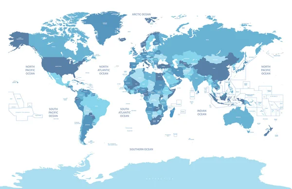 Politische Weltkarte in den Blautönen umsetzen — Stockvektor