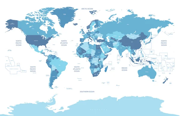 Mappa del mondo politico implementare nelle tinte del blu — Vettoriale Stock