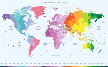 vector color worldwide map of local time zones