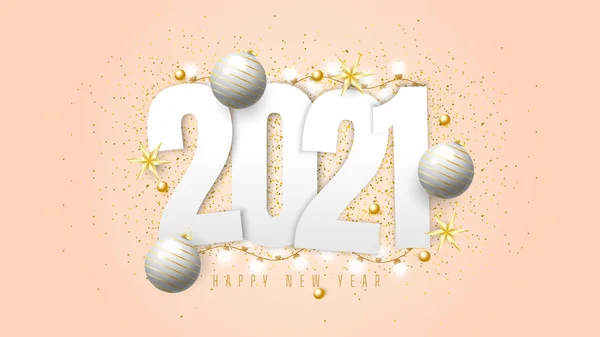 2021 Feliz Año Nuevo Fondo Con Bolas Regalo Confeti Luces — Vector de stock