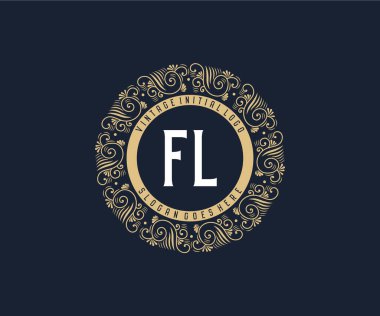 FL Antika, süs çerçeveli Victoria dönemi kaligrafik amblem logosu..