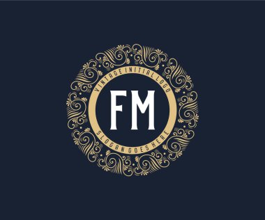 FM Antika geçmişe dönük Victoria dönemi kaligrafik amblem amblemi süs çerçeveli.