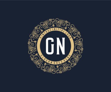 Süslü çerçeveli GN Antika Viktorya dönemi kaligrafik amblemi..