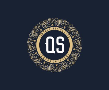 QS Antika, süs çerçeveli Victoria dönemi kaligrafik amblem logosu..