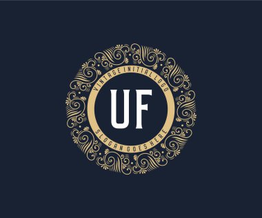 Süslü çerçeveli UF Antika Viktorya dönemi kaligrafik amblem logosu.