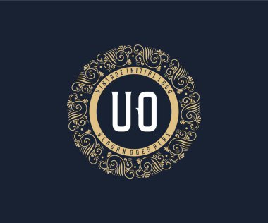 Süslü çerçeveli UO Antika Viktorya dönemi kaligrafik amblem logosu.