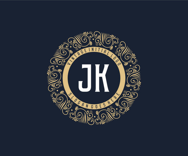 JK Antique retro luxury victorian calligraphic emblem logo with ornamental frame.