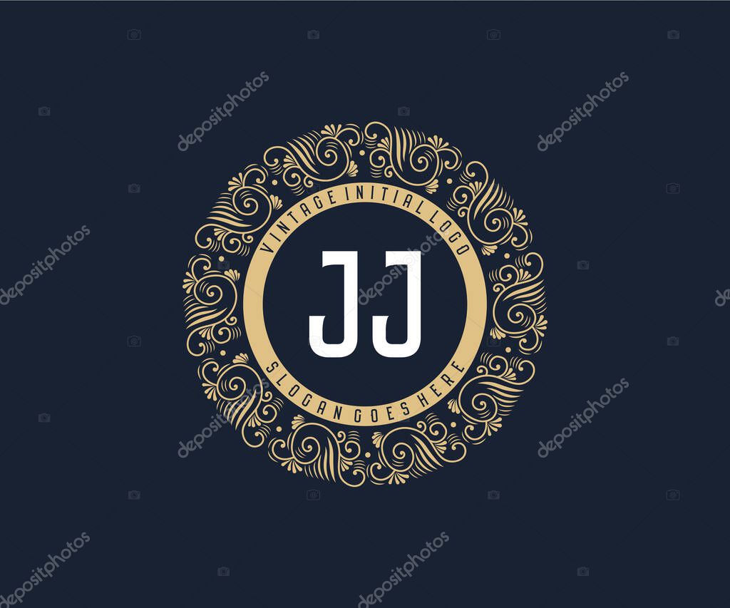 JJ Antique retro luxury victorian calligraphic emblem logo with ornamental frame.